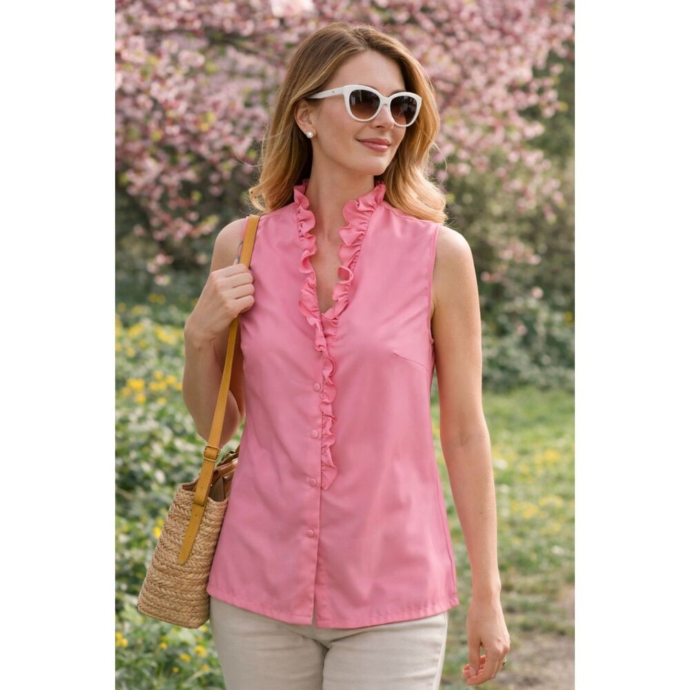Vintage Lady Arrow Pink Ruffle Front Button Down Blouse Size 10 Silky Dacron #F